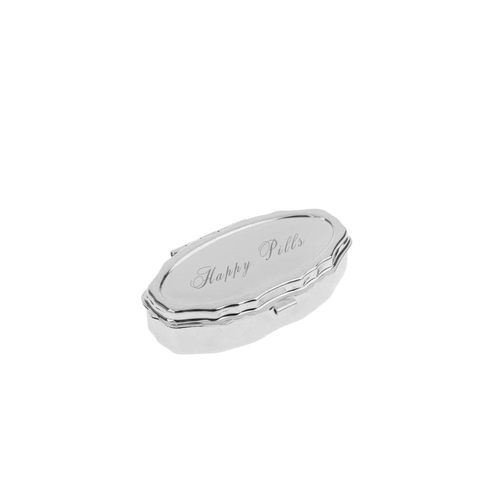 A small, silver-colored metal pillbox with a snap closure. The pillbox is compact and has the word 'PILLS' embossed on its lid.